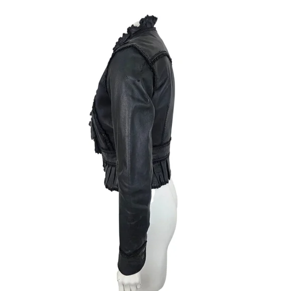 Vintage Y2K Black Leather Jacket Womens Small Ruffle Whimsygoth Romance Coquette - Picture 5 of 12